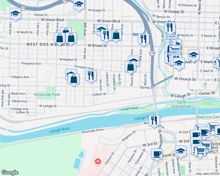 map of restaurants, bars, coffee shops, grocery stores, and more near 318 Liberty Street in Bethlehem