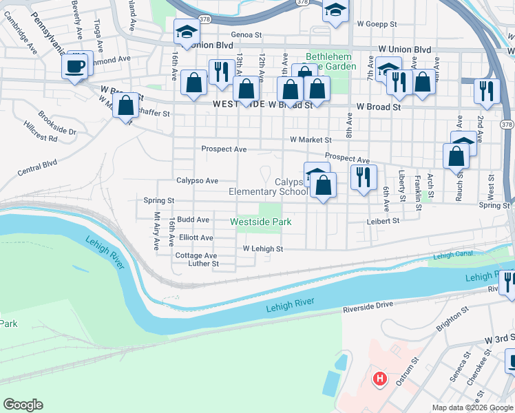map of restaurants, bars, coffee shops, grocery stores, and more near 330 13th Avenue in Bethlehem