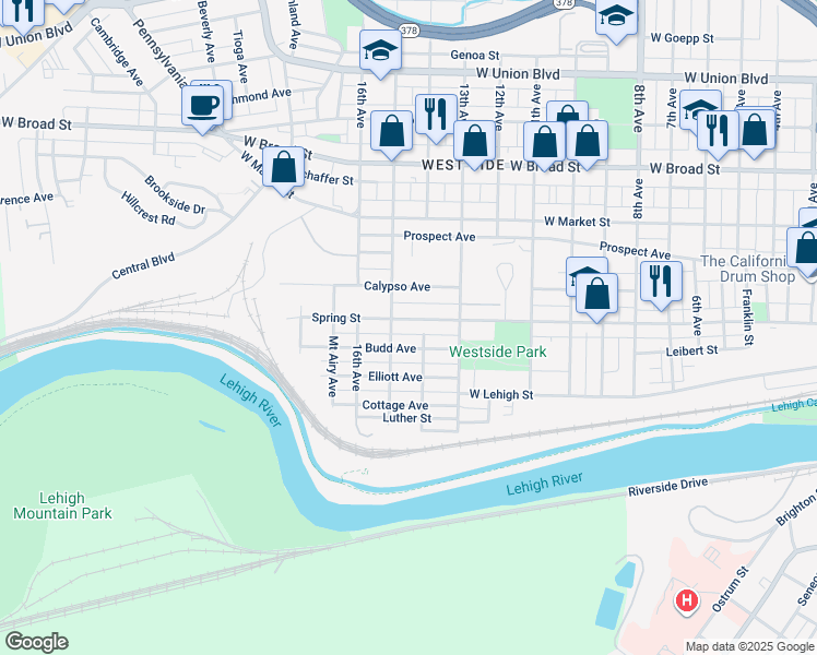 map of restaurants, bars, coffee shops, grocery stores, and more near 1511-1515 Spring Street in Bethlehem