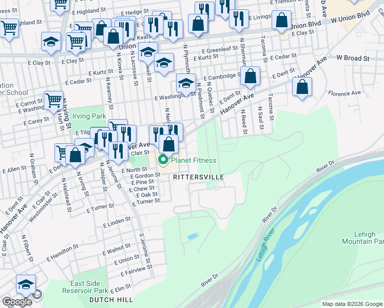 map of restaurants, bars, coffee shops, grocery stores, and more near 455 North Oswego Street in Allentown