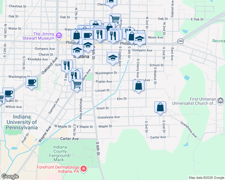 map of restaurants, bars, coffee shops, grocery stores, and more near 450 Poplar Avenue in Indiana