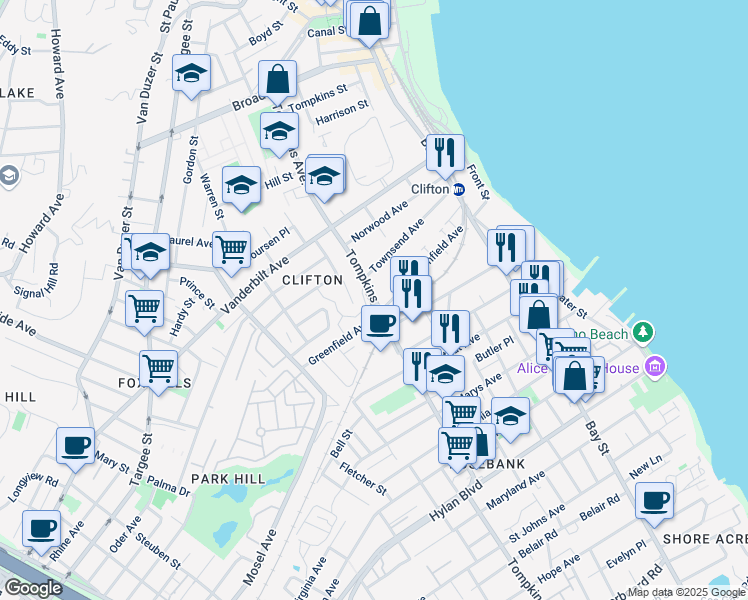 map of restaurants, bars, coffee shops, grocery stores, and more near 308 Tompkins Avenue in Staten Island