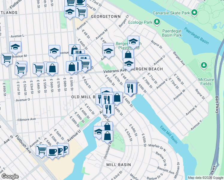 map of restaurants, bars, coffee shops, grocery stores, and more near 1520 East 66th Street in Brooklyn