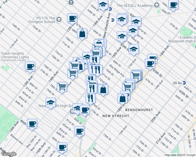 map of restaurants, bars, coffee shops, grocery stores, and more near 7201 16th Avenue in Brooklyn