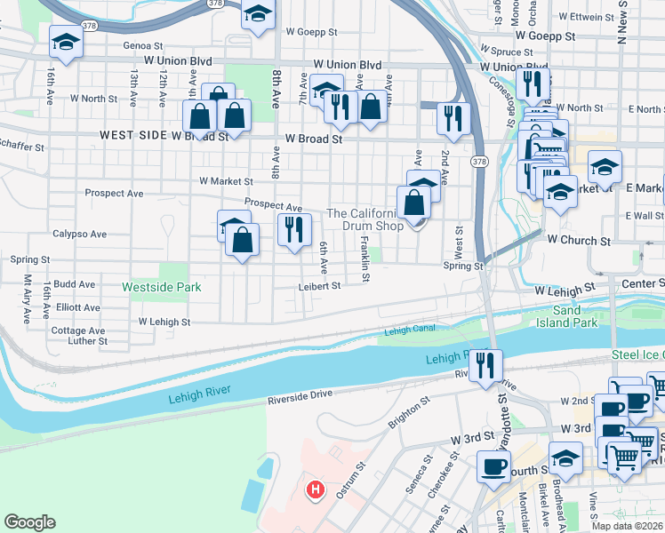 map of restaurants, bars, coffee shops, grocery stores, and more near 641 Spring Street in Bethlehem
