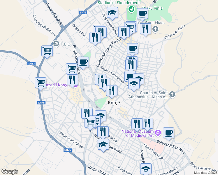 map of restaurants, bars, coffee shops, grocery stores, and more near Rruga Niko Dodona in Korçë