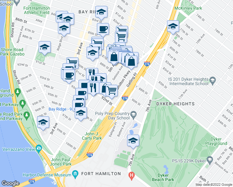 map of restaurants, bars, coffee shops, grocery stores, and more near 8852 Fort Hamilton Parkway in Brooklyn