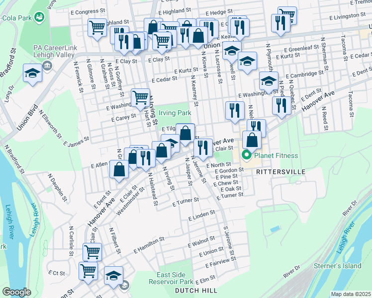 map of restaurants, bars, coffee shops, grocery stores, and more near 1005 Hanover Avenue in Allentown