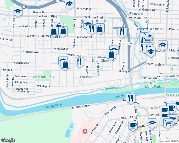 map of restaurants, bars, coffee shops, grocery stores, and more near 641 Spring Street in Bethlehem