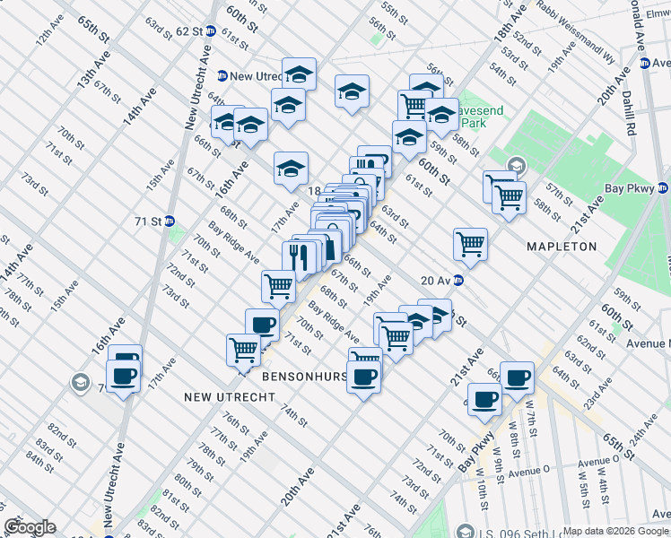 map of restaurants, bars, coffee shops, grocery stores, and more near 6521 18th Avenue in Brooklyn