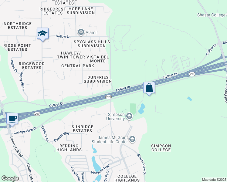 map of restaurants, bars, coffee shops, grocery stores, and more near 2001 Collyer Drive in Redding