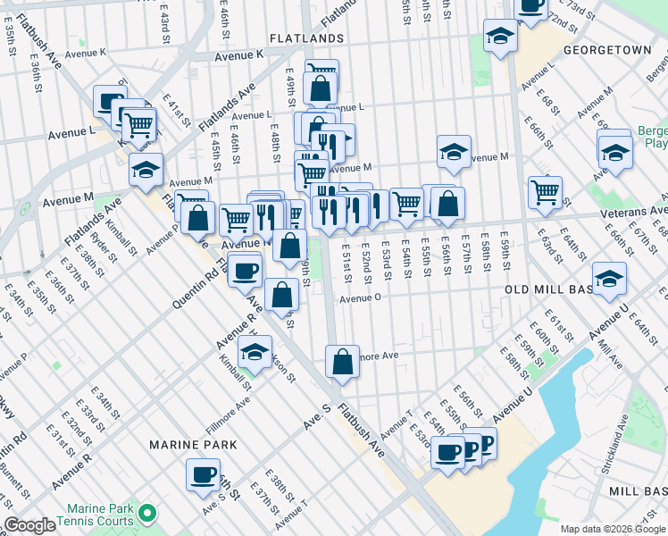 map of restaurants, bars, coffee shops, grocery stores, and more near 5101 Avenue N in Brooklyn