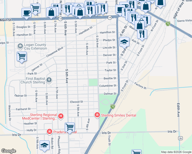 map of restaurants, bars, coffee shops, grocery stores, and more near 301 Taylor Street in Sterling