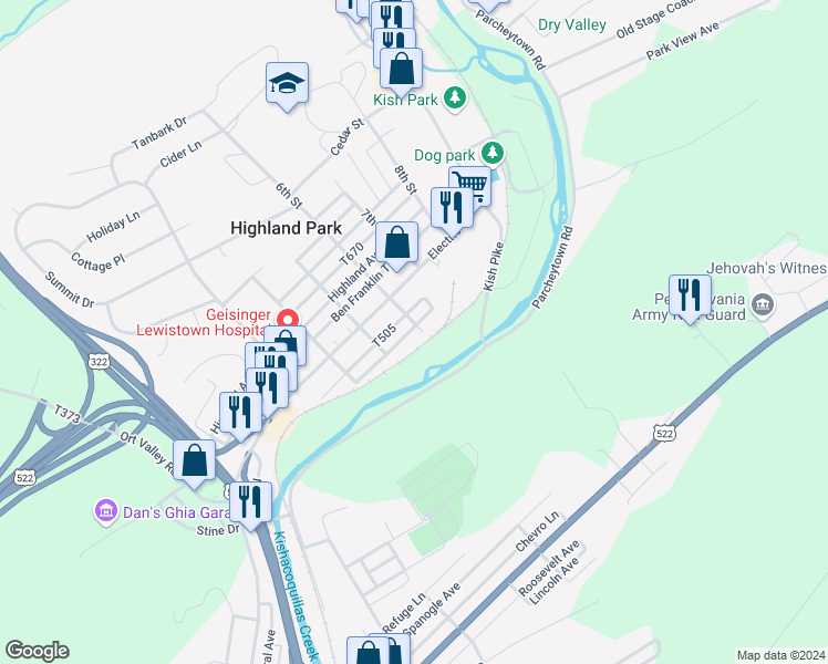 map of restaurants, bars, coffee shops, grocery stores, and more near 544 Woodland Avenue in Lewistown