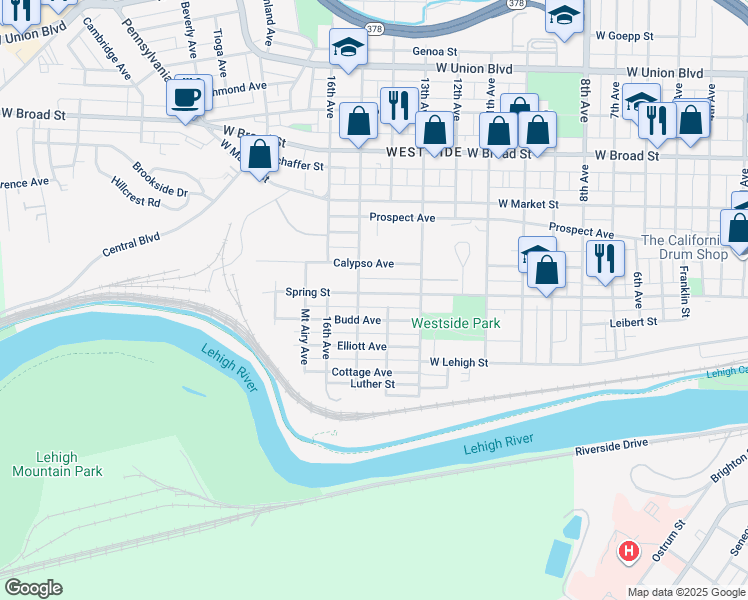map of restaurants, bars, coffee shops, grocery stores, and more near 1511-1515 Spring Street in Bethlehem