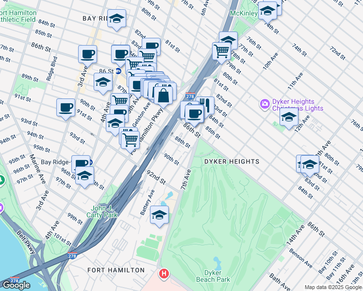 map of restaurants, bars, coffee shops, grocery stores, and more near 654 88th Street in Brooklyn
