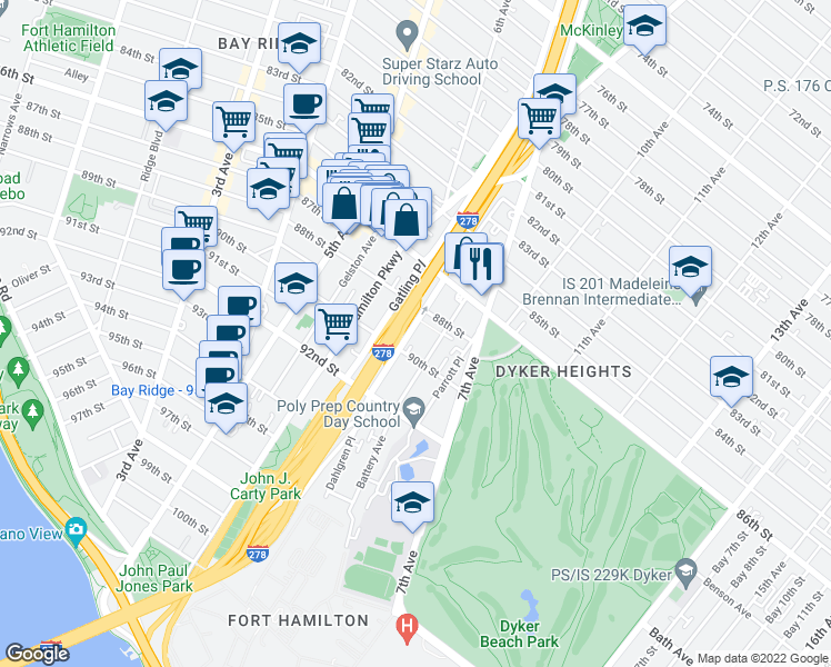 map of restaurants, bars, coffee shops, grocery stores, and more near 69 Dahlgren Place in Brooklyn