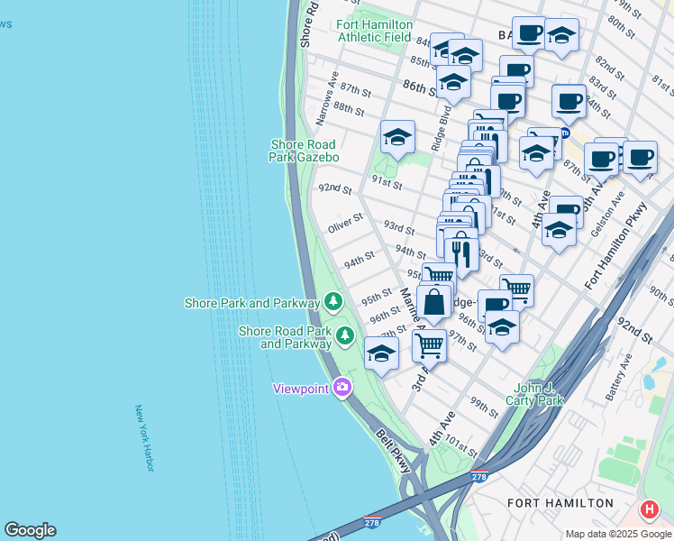 map of restaurants, bars, coffee shops, grocery stores, and more near Shore Road & 94th Street in Brooklyn