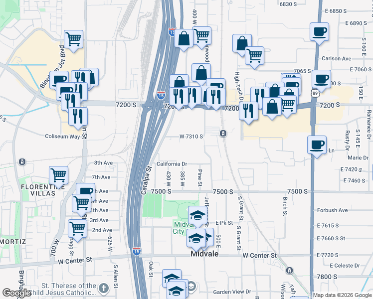 map of restaurants, bars, coffee shops, grocery stores, and more near 7334 South Seven Tree Lane in Midvale