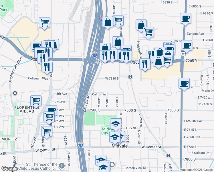 map of restaurants, bars, coffee shops, grocery stores, and more near 7333 South Sideline Lane in Midvale