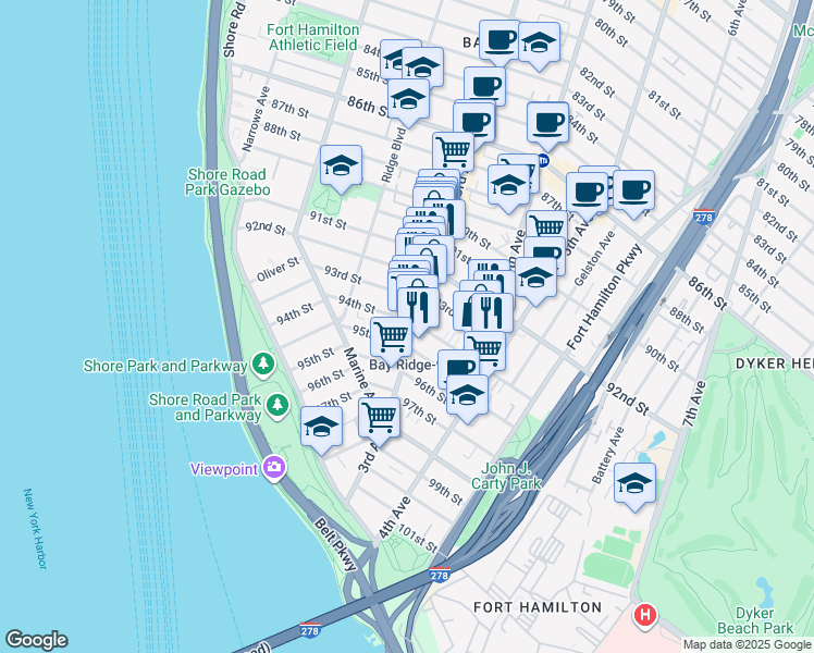 map of restaurants, bars, coffee shops, grocery stores, and more near 260 93rd Street in Brooklyn