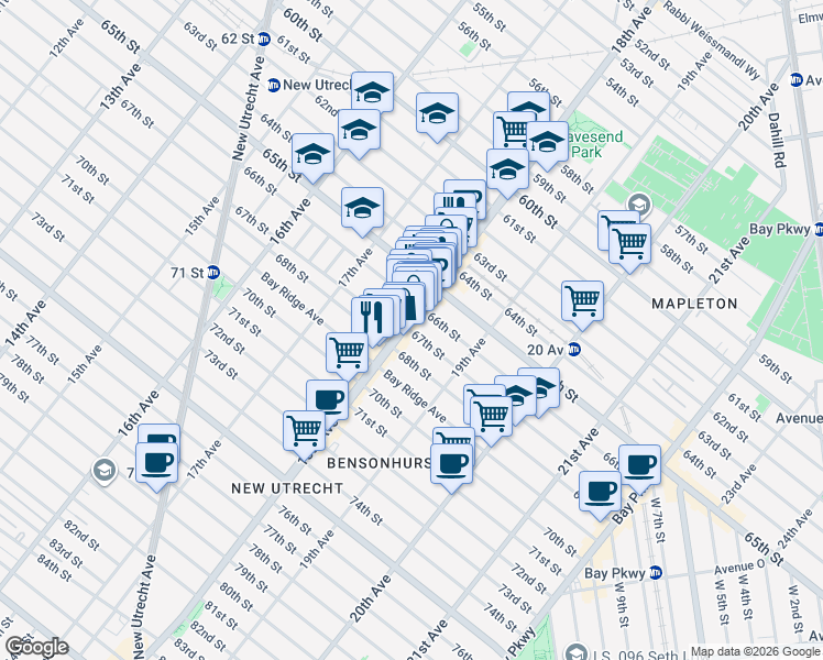 map of restaurants, bars, coffee shops, grocery stores, and more near 6521 18th Avenue in Brooklyn