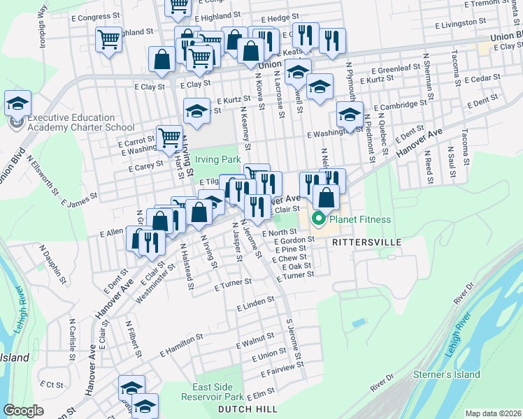 map of restaurants, bars, coffee shops, grocery stores, and more near 1111 Hanover Avenue in Allentown