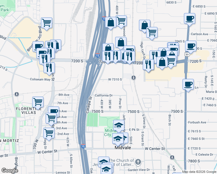 map of restaurants, bars, coffee shops, grocery stores, and more near 7332 South Sideline Lane in Midvale