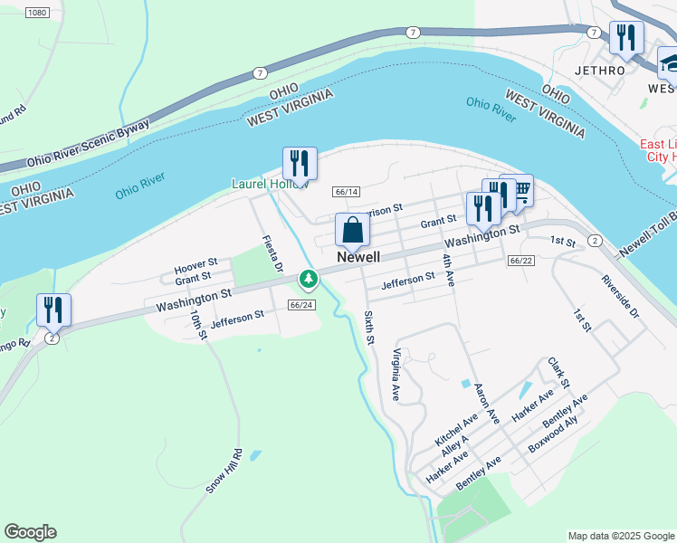 map of restaurants, bars, coffee shops, grocery stores, and more near 610 Washington Street in Newell