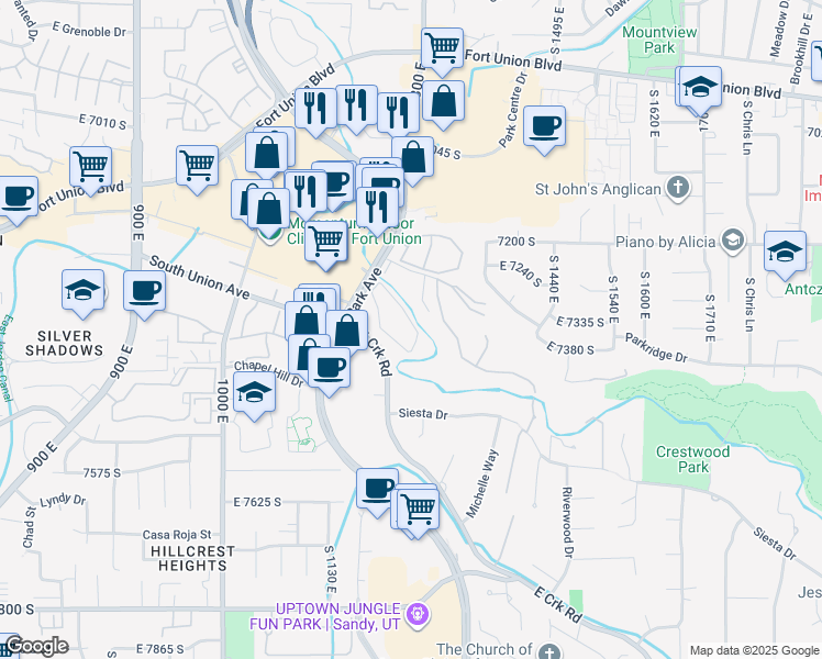 map of restaurants, bars, coffee shops, grocery stores, and more near 1222 East Waterside Cove in Cottonwood Heights
