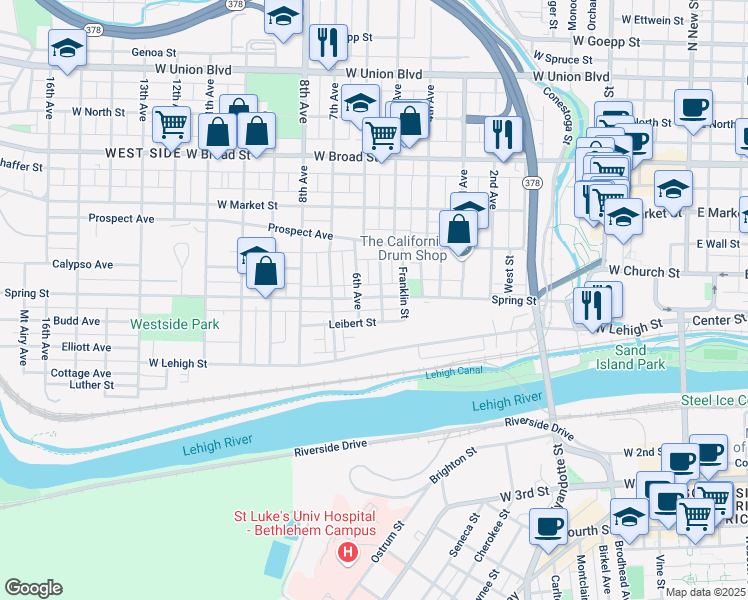 map of restaurants, bars, coffee shops, grocery stores, and more near 633 Spring Street in Bethlehem