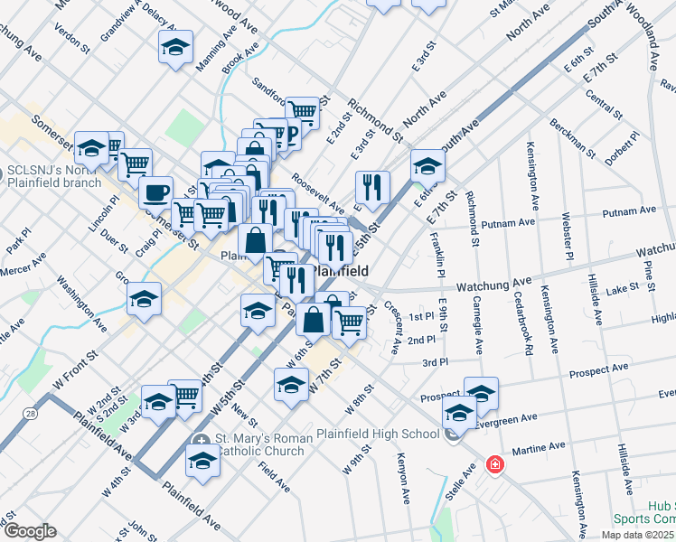 map of restaurants, bars, coffee shops, grocery stores, and more near in Plainfield