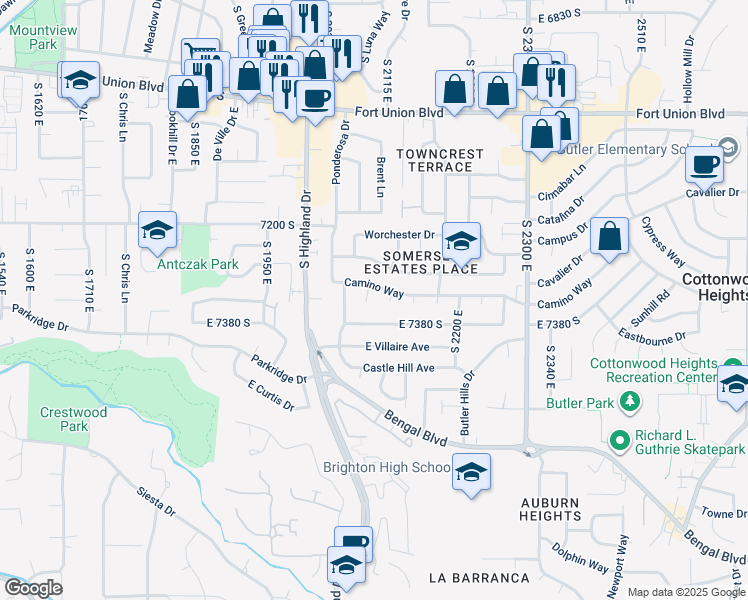 map of restaurants, bars, coffee shops, grocery stores, and more near 2097 Camino Way in Salt Lake City