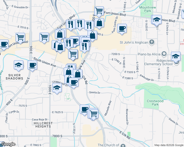 map of restaurants, bars, coffee shops, grocery stores, and more near 7302 Milne Garden Circle in Cottonwood Heights