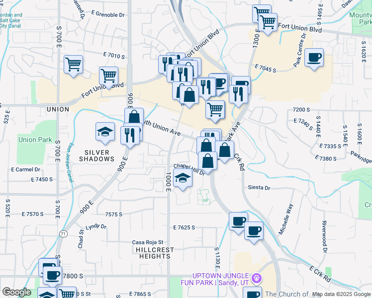 map of restaurants, bars, coffee shops, grocery stores, and more near 1052 South Union Avenue in Midvale