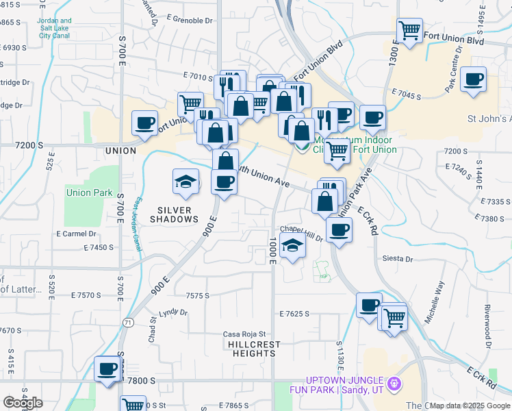 map of restaurants, bars, coffee shops, grocery stores, and more near 957 Creekhill Lane in Midvale