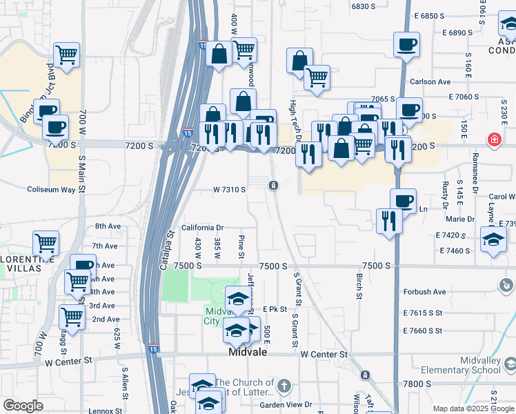map of restaurants, bars, coffee shops, grocery stores, and more near 7314 Cottonwood Street in Midvale