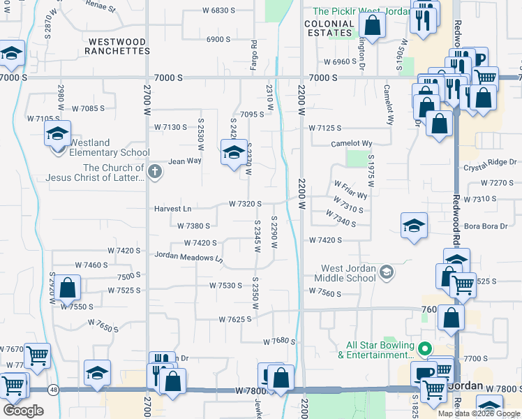 map of restaurants, bars, coffee shops, grocery stores, and more near 2338 Harvest Lane in West Jordan