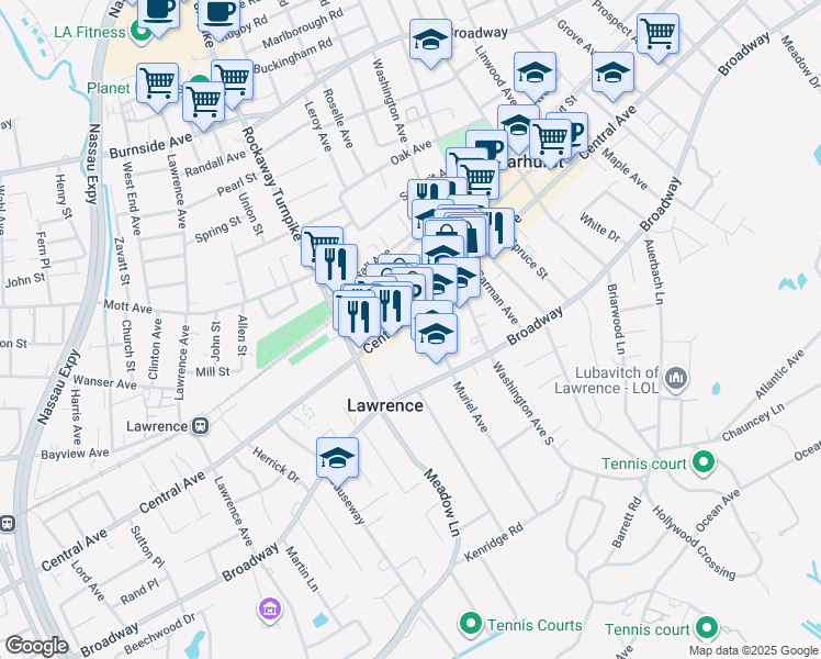 map of restaurants, bars, coffee shops, grocery stores, and more near 371 Central Avenue in Lawrence