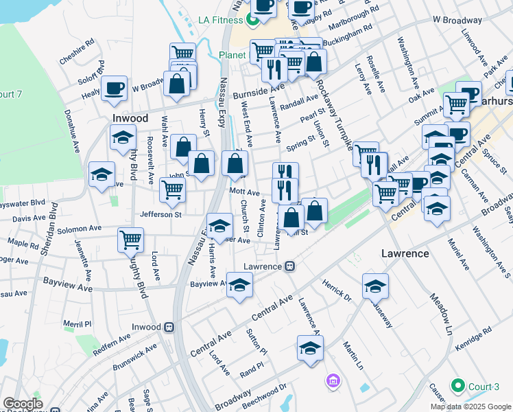 map of restaurants, bars, coffee shops, grocery stores, and more near 36B Mott Avenue in Inwood
