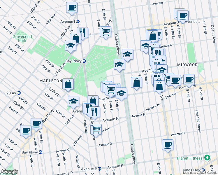 map of restaurants, bars, coffee shops, grocery stores, and more near 1324 East 5th Street in Brooklyn