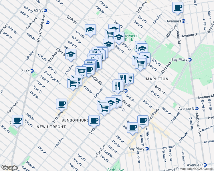 map of restaurants, bars, coffee shops, grocery stores, and more near 1881 64th Street in Brooklyn