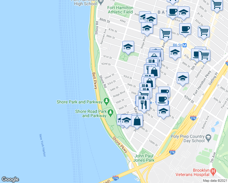 map of restaurants, bars, coffee shops, grocery stores, and more near 26 93rd Street in Brooklyn
