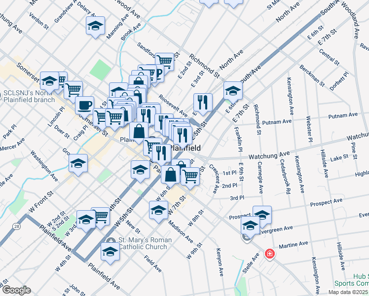 map of restaurants, bars, coffee shops, grocery stores, and more near in Plainfield