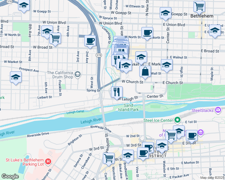 map of restaurants, bars, coffee shops, grocery stores, and more near 348 Main Street in Bethlehem