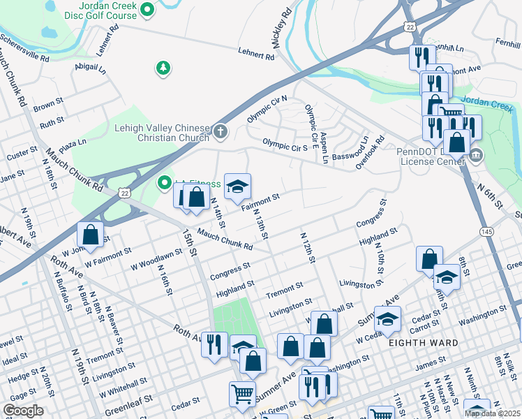 map of restaurants, bars, coffee shops, grocery stores, and more near 1243 North 13th Street in Whitehall