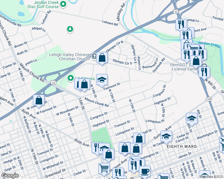 map of restaurants, bars, coffee shops, grocery stores, and more near 1243 North 13th Street in Whitehall