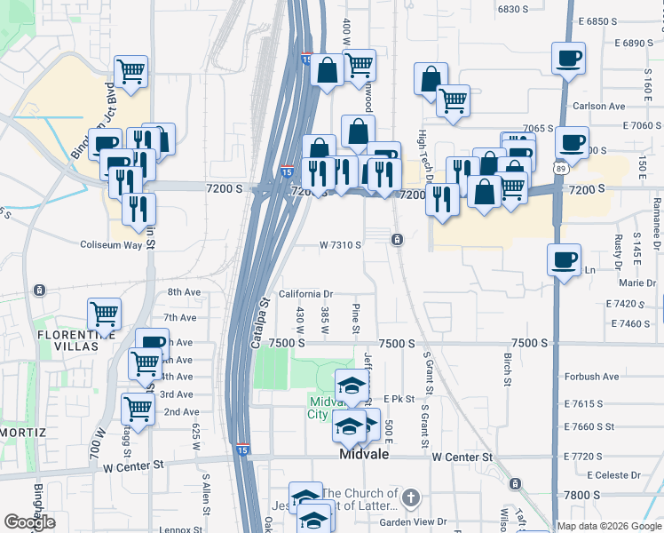 map of restaurants, bars, coffee shops, grocery stores, and more near 7332 South Seven Tree Lane in Midvale