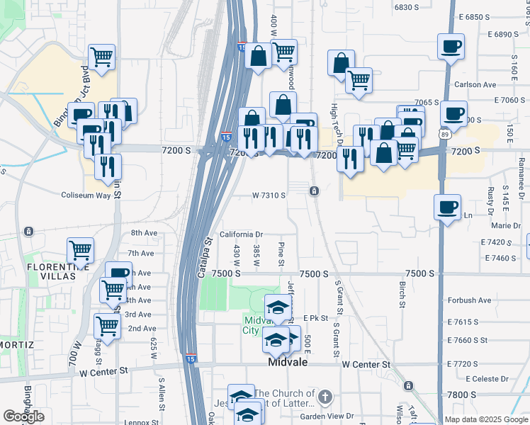 map of restaurants, bars, coffee shops, grocery stores, and more near 7333 South Seven Tree Lane in Midvale