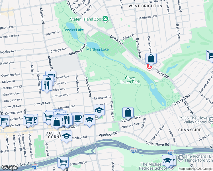 map of restaurants, bars, coffee shops, grocery stores, and more near 7 Rice Avenue in Staten Island